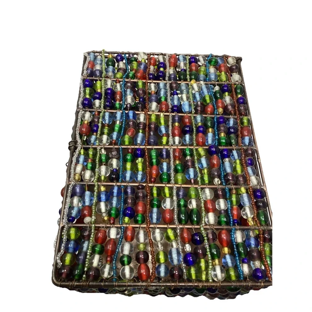 Colored Glass Hand Beaded Lidded Jewelry Trinket Copper Lidded Box 8x6x3
